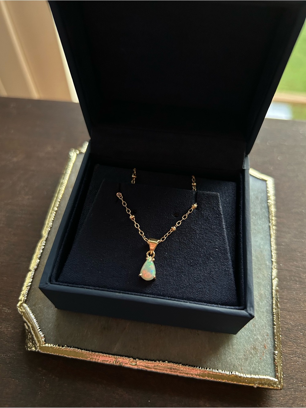 Natural Opal Teardrop Pendant Necklace in 14k Solid Gold Setting-100% Authentic